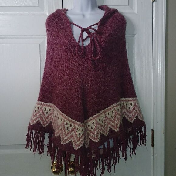 MAX STUDIO Mauve White Fringe Mohair Wool Acrylic Mix Hooded Poncho One Size - Picture 1 of 7
